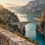 Gorge du Verdon lac de Sainte Croix : pont du Galetas au-dessus des gorges turquoise