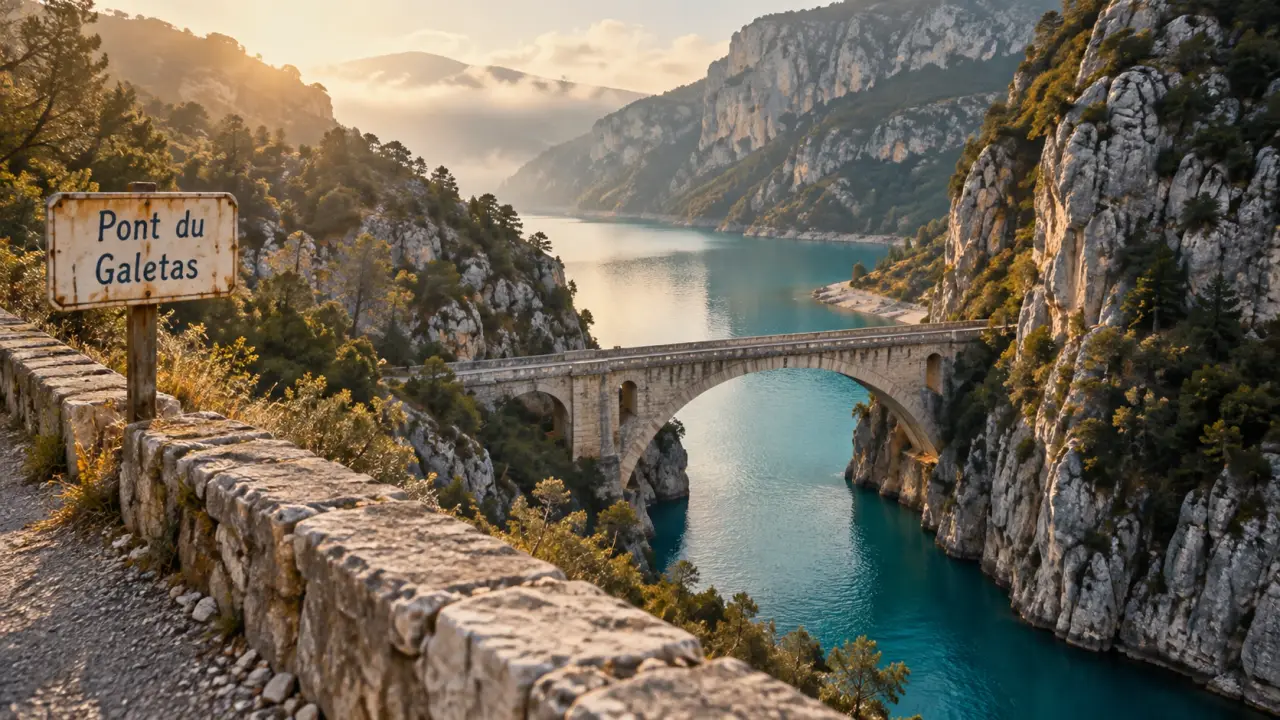Gorge du Verdon lac de Sainte Croix : pont du Galetas au-dessus des gorges turquoise