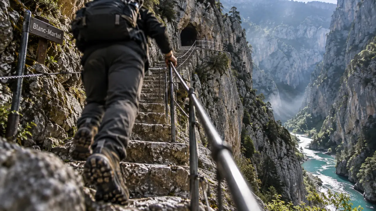Gorges du verdon sentier martel : tunnel et escaliers, randonneur au bord du Verdon