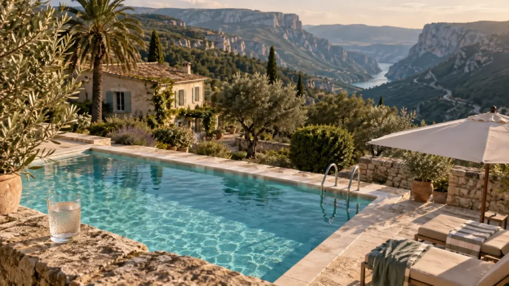 Location gorges du Verdon avec piscine : terrasse et piscine turquoise privée