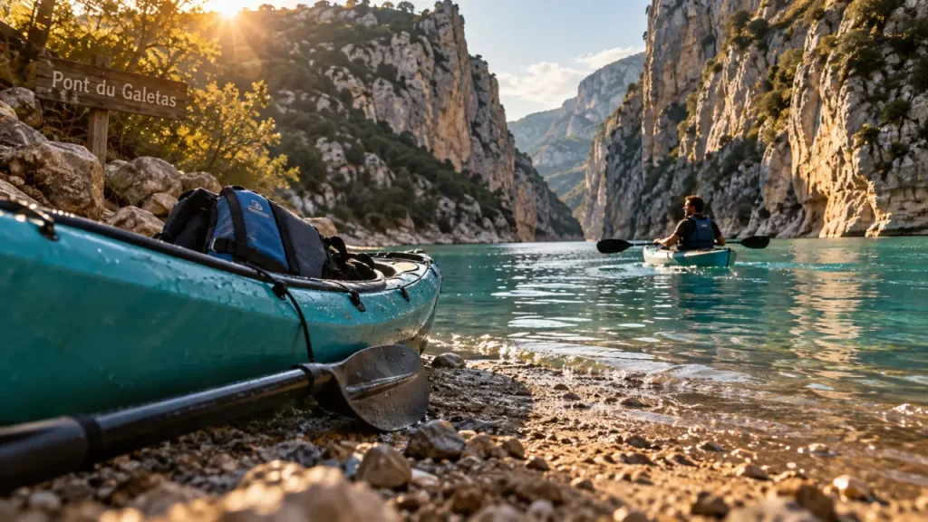 Location kayak Gorges du Verdon : kayak turquoise près des Gorges, prêt à partir