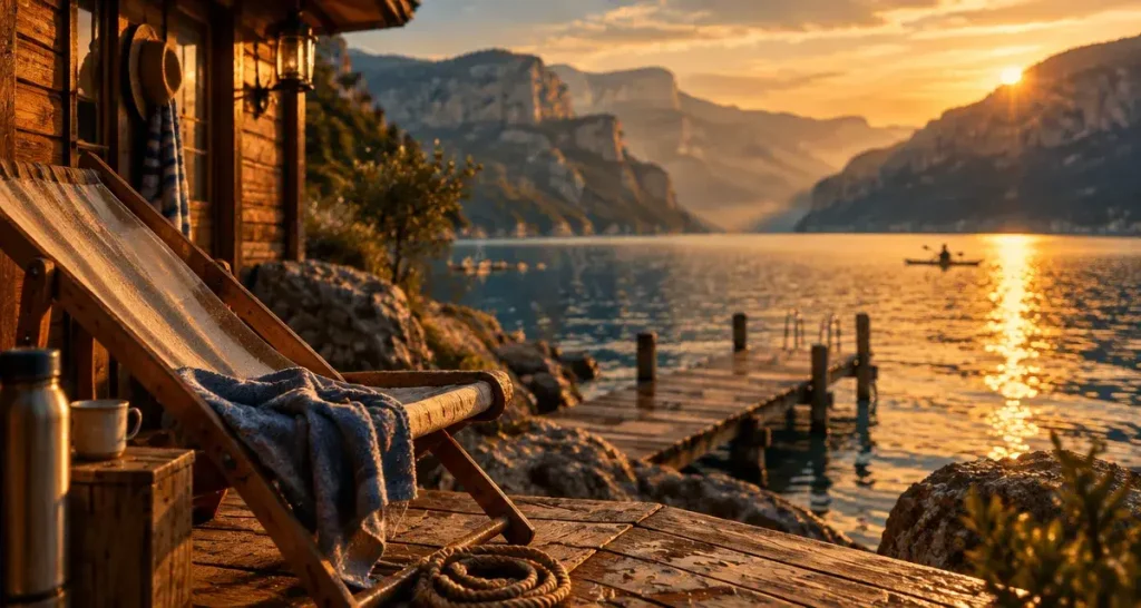 Logement insolite gorges du verdon : cabane au bord du lac, terrasse et quai