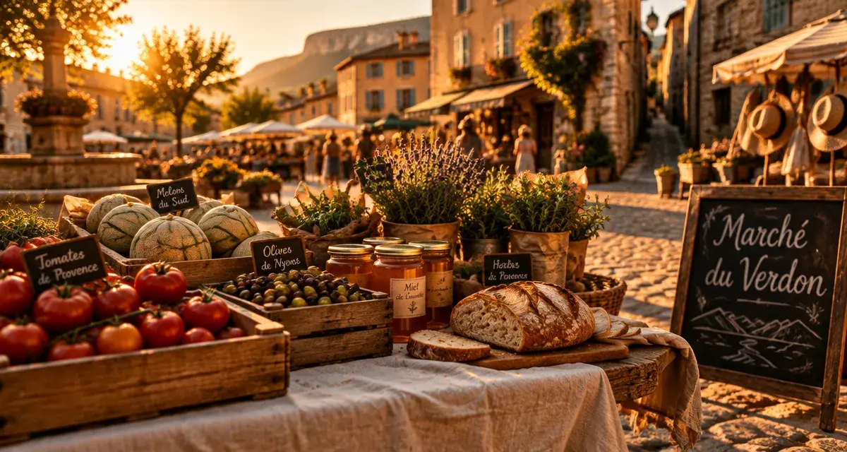 Marchés gorges du Verdon : nappe et étals sur une place provençale
