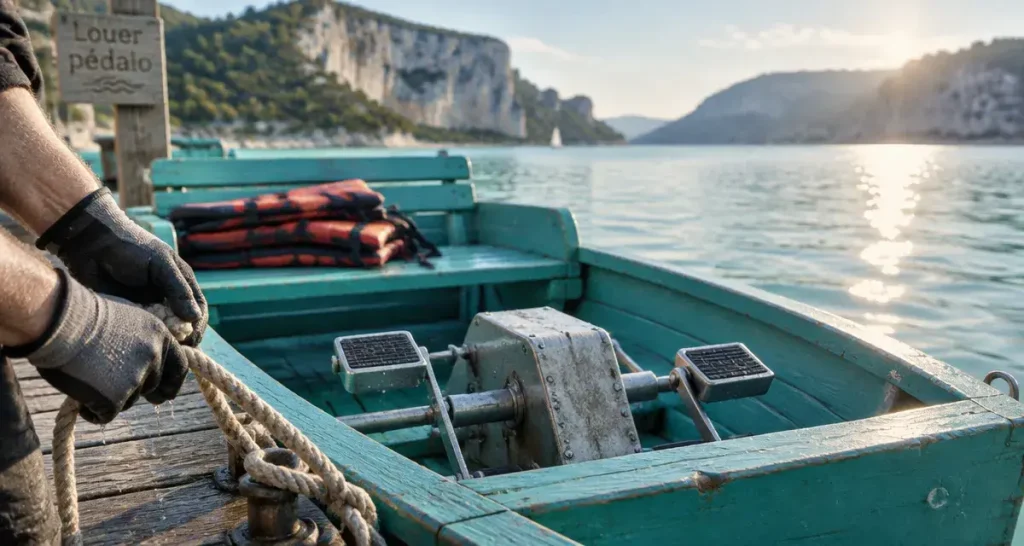 Pedalos gorges du verdon au lac de Sainte-Croix, pédalo turquoise au ponton