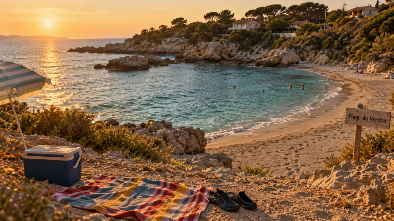 Plage du Verdon à Martigues : sable et eau méditerranéenne au golden hour