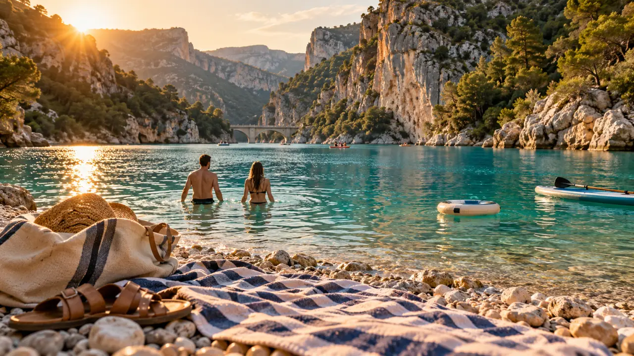 Plus belle plage lac de sainte croix, Galetas : serviette sur galets, eau turquoise au coucher du soleil