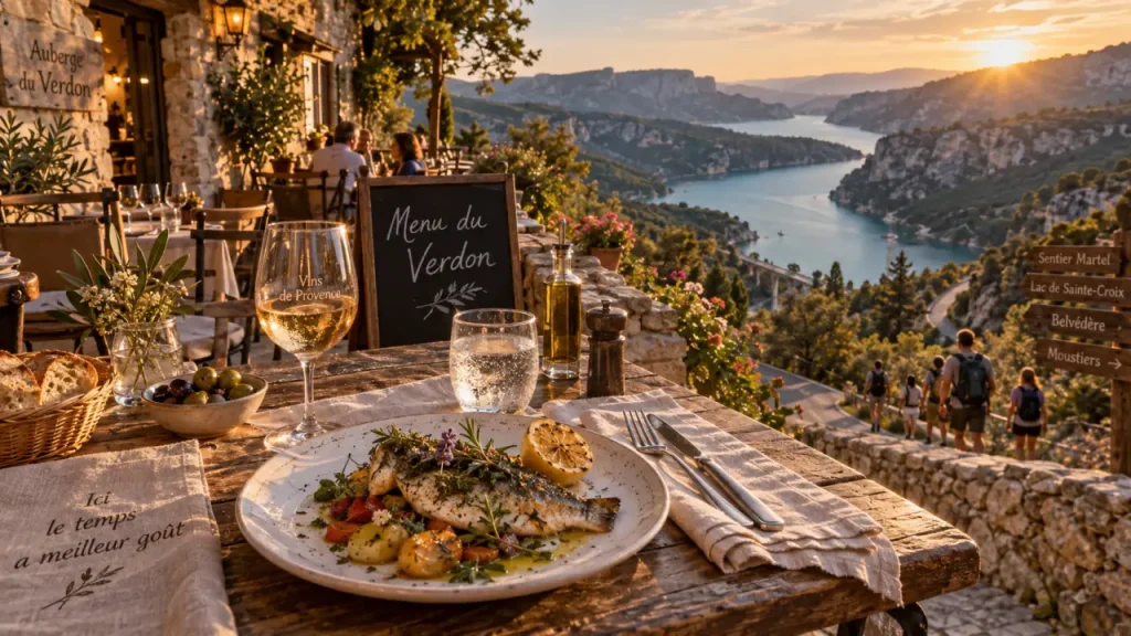 Terrasse restaurant restaurants gorges du verdon avec vue sur le lac de Sainte-Croix