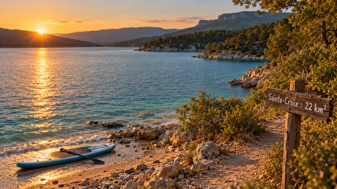Superficie lac de sainte croix : rives près de 22 km², plage et eau au golden hour