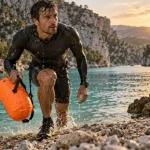Swimrun gorges du Verdon : nageur sortant de l’eau, bouée orange
