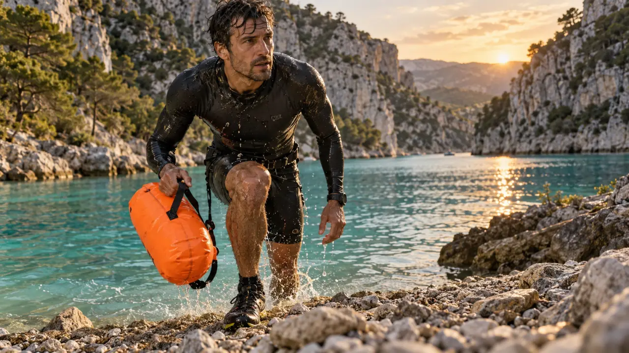 Swimrun gorges du Verdon : nageur sortant de l’eau, bouée orange