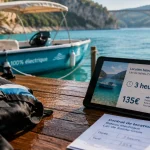 Tarif location bateau electrique lac de sainte croix : 135€ pour 3 heures, gilets sur quai