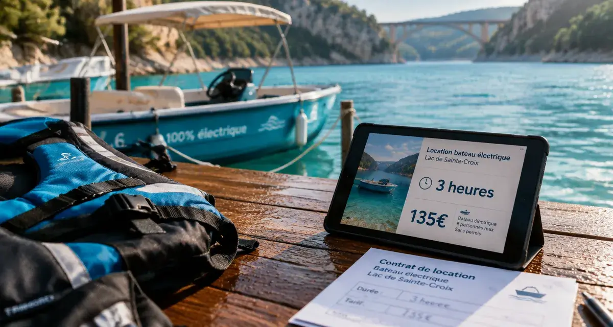Tarif location bateau electrique lac de sainte croix : 135€ pour 3 heures, gilets sur quai