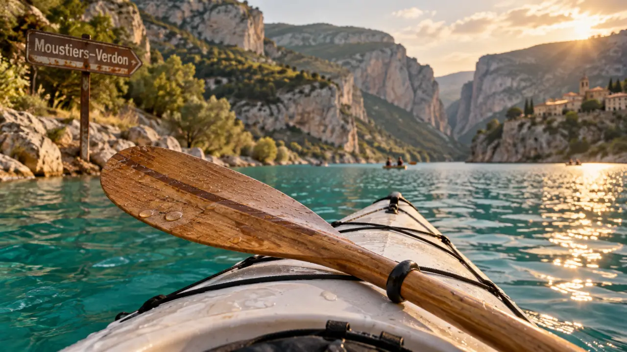 Tourisme dans les gorges du Verdon : kayak sur le lac de Sainte-Croix, falaises en arrière-plan