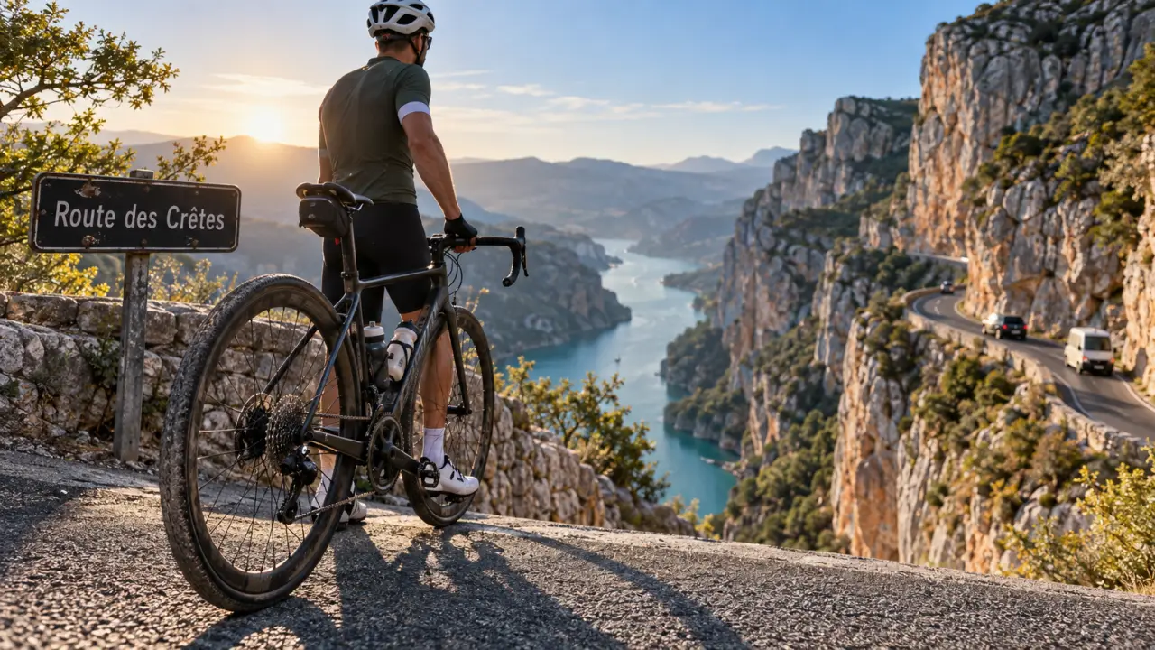 Velo gorges du verdon : cycliste près d’un belvédère sur la route des crêtes