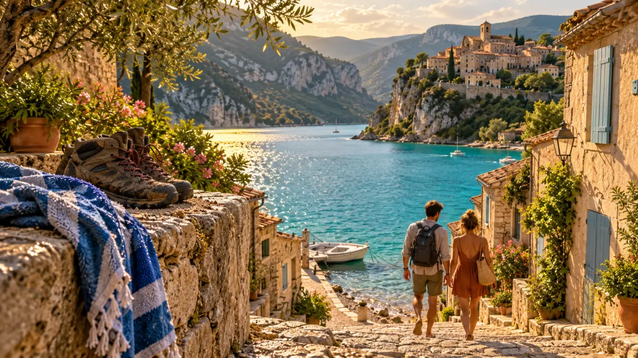 Village autour du lac de sainte croix : ruelle menant au lac, vues et ambiance au coucher du soleil